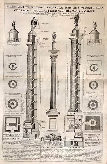 Anonimo Disegno delle tre principali colonne antiche che si vedono in Roma cioè Traiana, Antonina e Liberiana o di S. Maria Maggiore 1689 Roma 